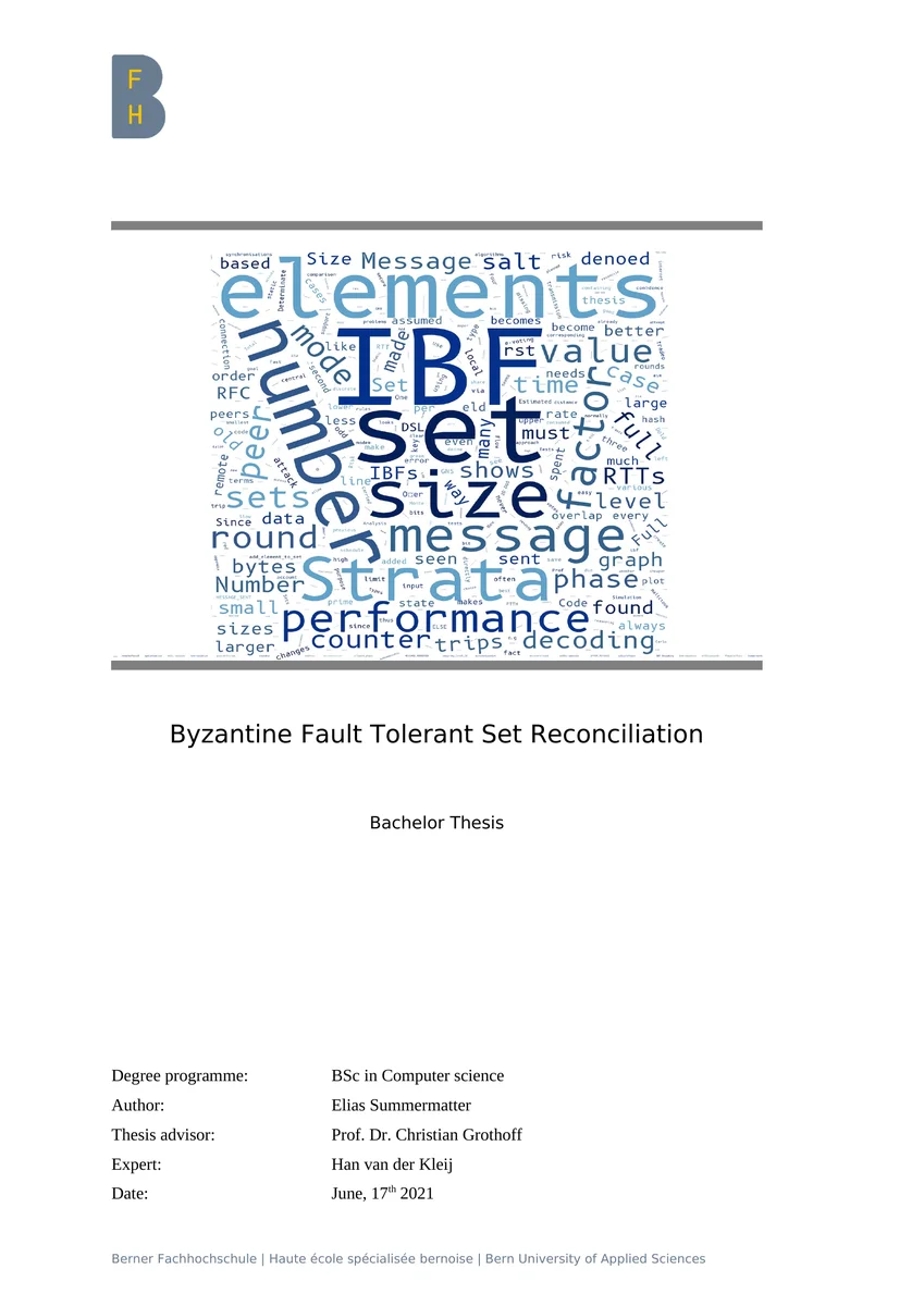 Cover of the Bachelor thesis &ldquo;Byzantine Fault Tolerant Set Reconciliation&rdquo;